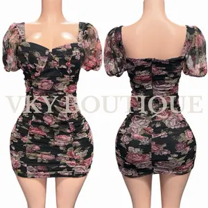 Floral Ruched Puff Sleeve Mini Dress BL