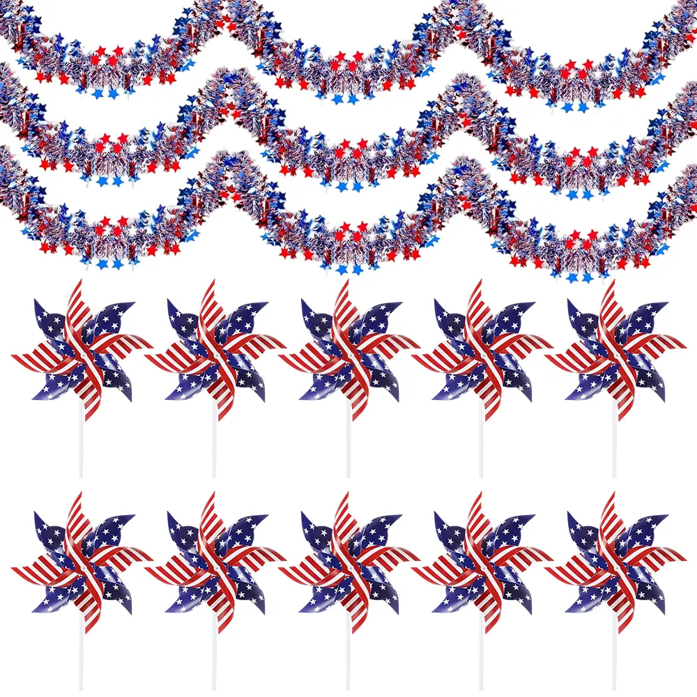 20-Piece Classic Patriotic Decoration Set - 10-Pack Shiny Star PVC & Metal Tinsel Garlands (2m/6.7ft), Pinwheel Shape Plastic Pinwheels with Wooden Sticks for Independence Day, Ideal for Windows, Doors