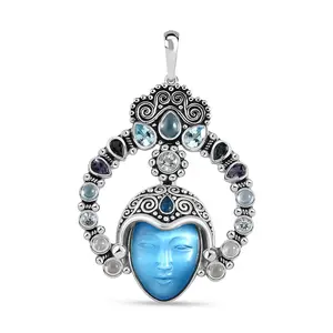 Constituted Amethyst Carved and Multi Gemstone 28.70 ctw Pendant in Rhodium Plated Sterling Silver Birthday Christmas Gifts