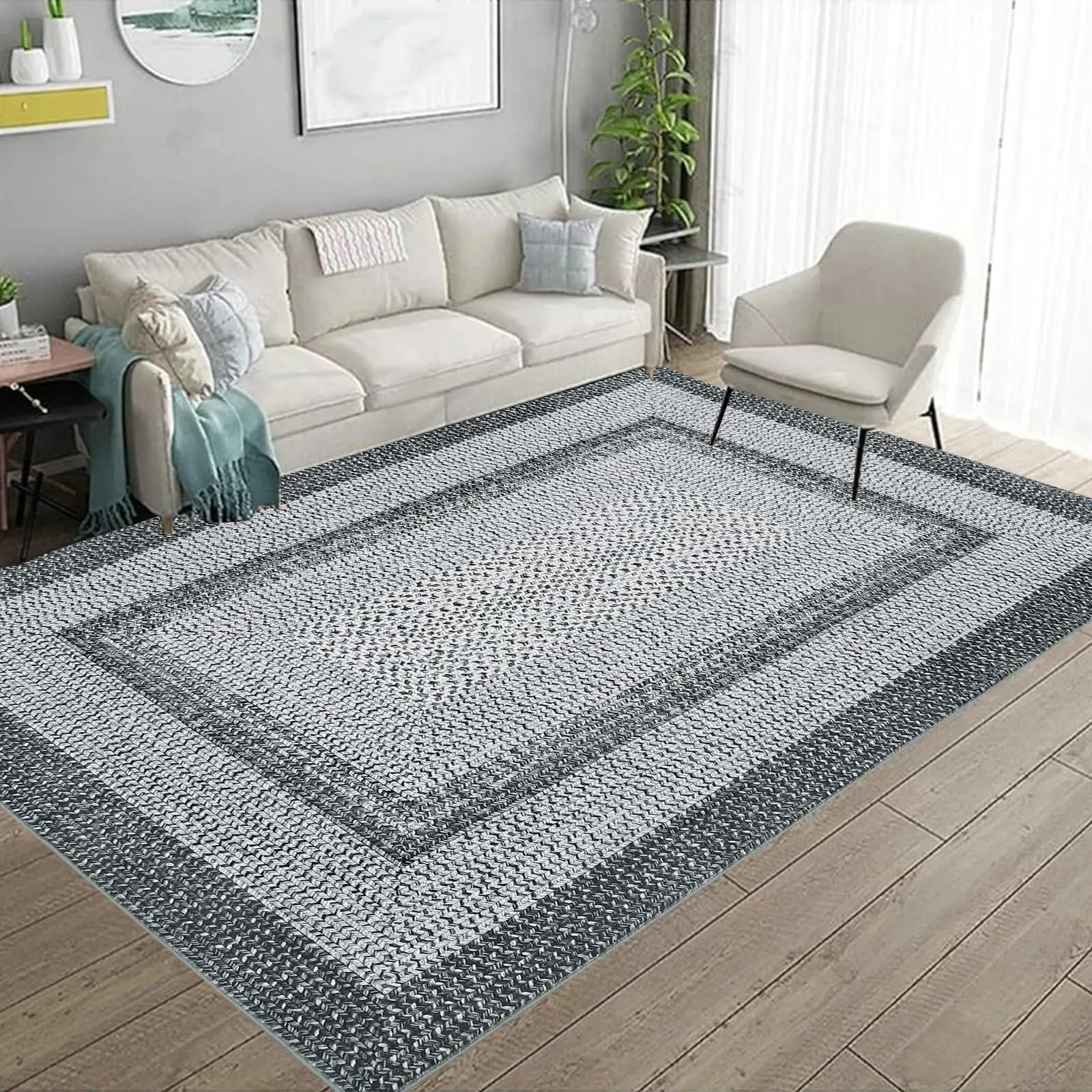 【GARVEE】Area Rug 4x6 Modern Washable Non-Slip Thin Soft Indoor Printed Mat for Living Room, Bedroom, Dining Room, Kitchen - Low Pile, Stain Resistant, Foldable Carpet Home Decor in Grey