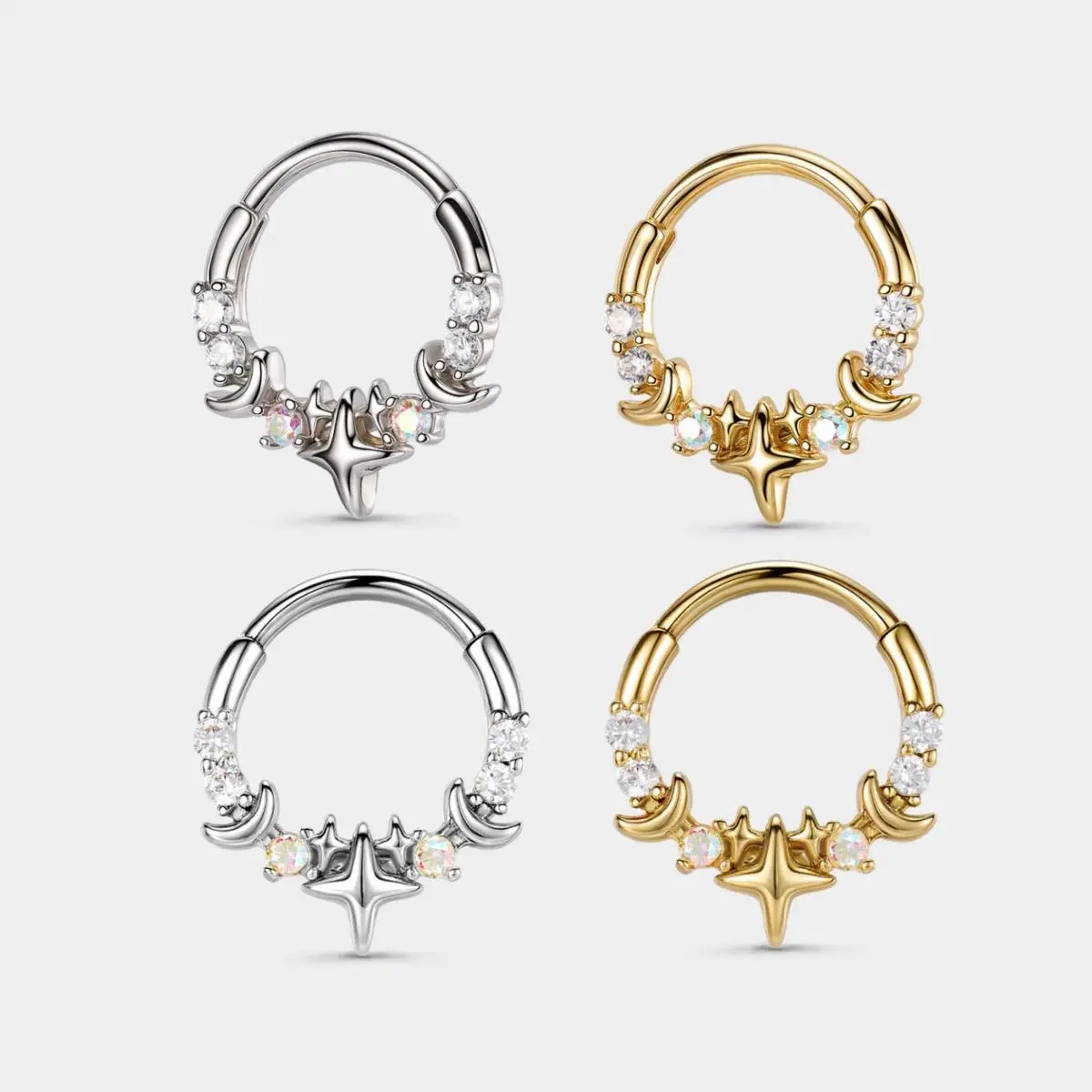 OUFER 16G 316L Stainless Steel Septum Clicker Ring - CZ Celestial Stars Moon Hinged Segment Hoop, Non Tarnish Body Jewelry for Women, 8mm/10mm Nose Daith Accessories, Non Tarnish Jewelry