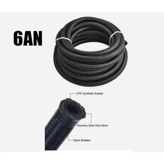 6AN Stainless Steel & Nylon Braided Fuel Line 20FT, CPE inner hose, abrasion resistant for fuel, hydraulic fluid, coolant and air applications