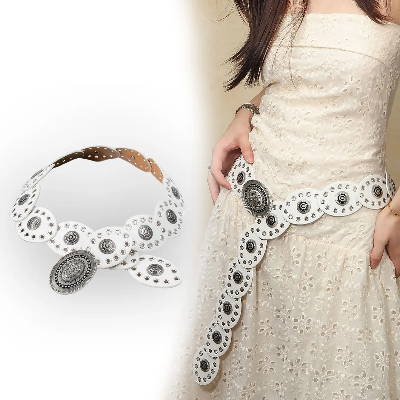 Women's Bohemian Hollow Cut-Out Wide Leather Belt - Vintage Floral Engraved Large Oval Buckle, Quick-Release Belts for Women for Dresses and Jeans