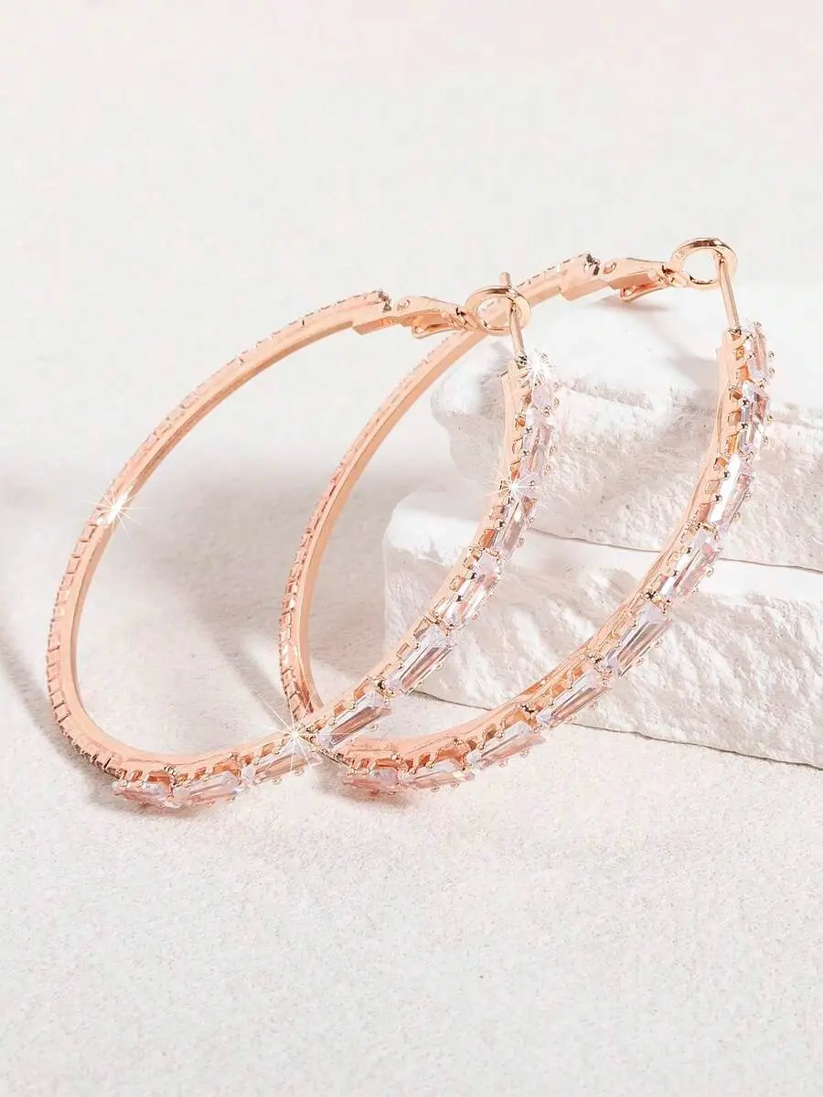 1 Pair Fashion Elegant Copper Hoop Earrings Inlaid With Baguette Cubic Zirconia - Red, Green, Gold, Black, Multi-Color - Suitable For Daily Wear, Luxury Evening Party Gift