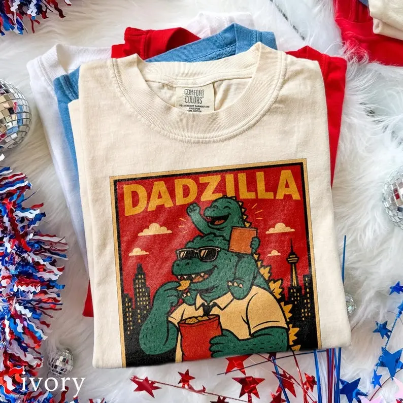 Dadzilla Fathers Day Graphic Tee, Funny Monster Dad Snack Lover Shirt, Retro Kaiju Humor Top, Comfort Colors Gift for Dad