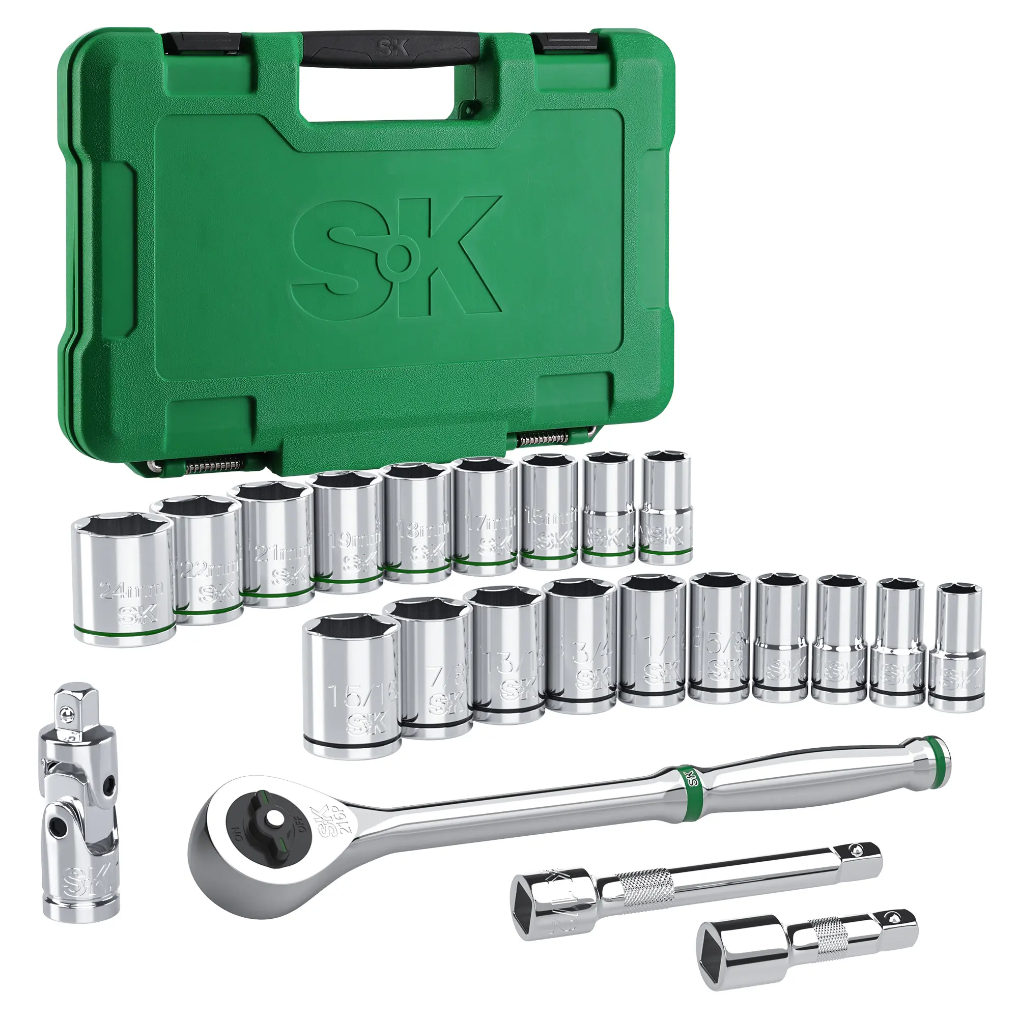 #fathersdaygift SK 1/2" Drive Socket Set with Quick-Release Ratchet, SAE & Metric, SuperKrome Finish, Premium CR-V Construction, with Storage Suitcase