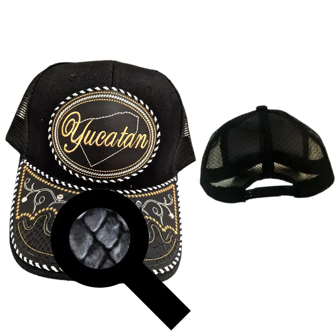 Yucatan Hat, Adjustable Unisex, Charro Style, Polyester/Acrylic, Embroidered Snake Skin Design in Black