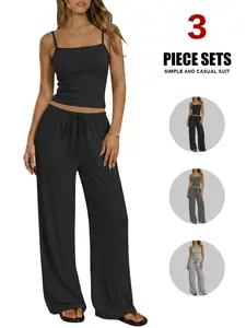2026 Women's Solid Sleeveless Cami Top & Wide Leg Pants Drawstring Loungewear, Casual Comfy Chic Pyjama Set, Fitted Sleepwear for Spring, Summer, Homewear