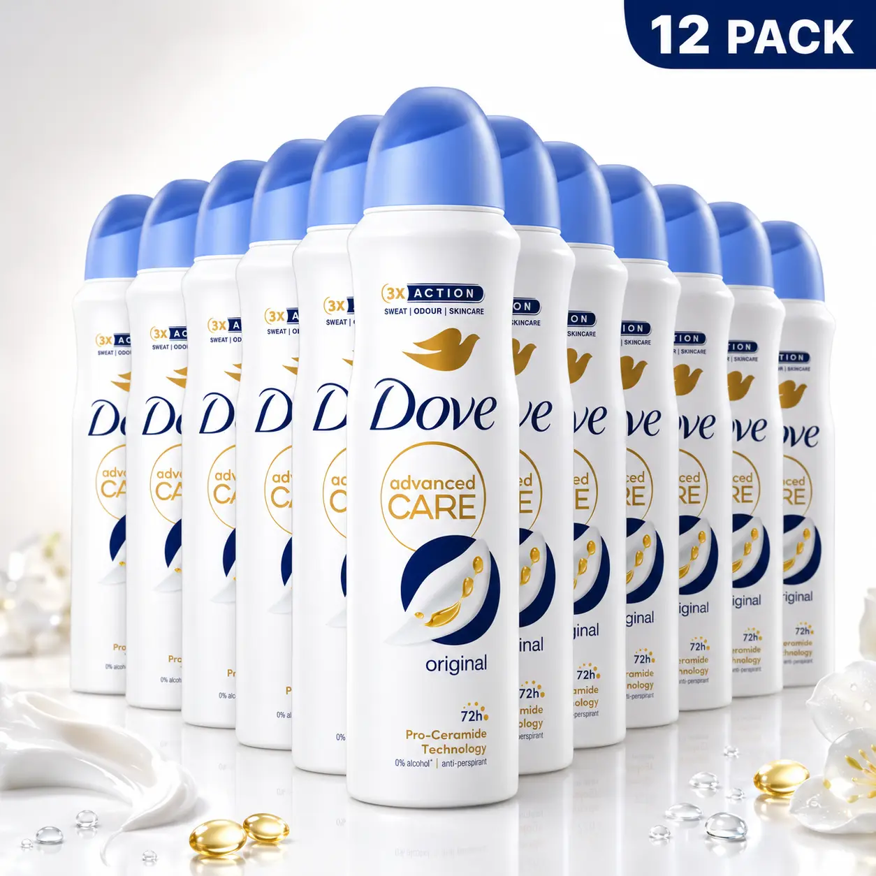 Dove Advanced Care Original Deodorant Spray 12 Pack Bulk - 72 HR Antiperspirant Protection with Pro-Ceramide, 5oz/150ml, Gentle Formula for Daily Body Care, Multipack, Scent Soothing Odor Control Sweat Odor Control Sensitive Fragrance Moisturizing Aroma