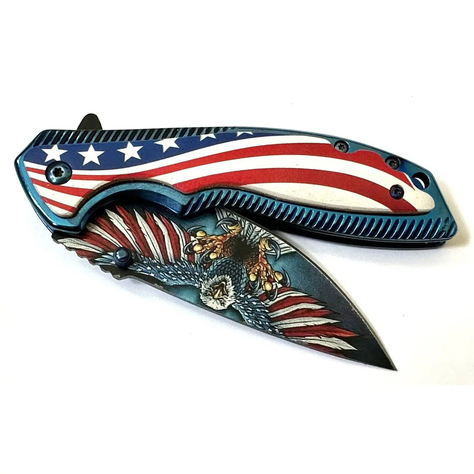 American Eagle Flag Pocket Knife Blue Metal Freedom Full Size 4.5” Sharp Edc