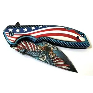 American Eagle Flag Pocket Knife Blue Metal Freedom Full Size 4.5” Sharp Edc