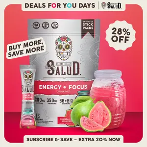 Salud 2-in-1 [Energy + Focus – Guava] Clean Energy Drink Mix, Agua Fresca, Organic Caffeine, B6 & B12, L-Theanine, Drink Packets, Non-GMO, Gluten Free, Vegan, Low Calorie, 1g Sugar (15 Servings), Deals For You Days