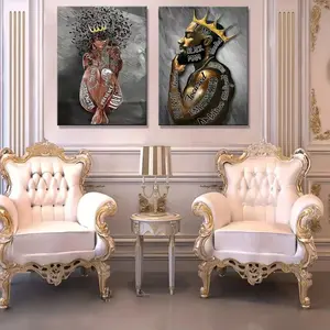 2pcs King and Queen Wall Art, Hanging African American Couple Portrait, Unframed Decorative Painting, Afro-American Male Artwork