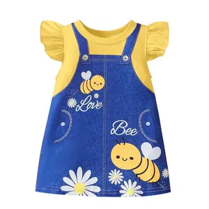 Toddler Baby Girls Summer Dress, Cute Bee & Daisy Print 2-in-1 Suspender Dress with Ruffle Sleeve, Kids Clothes