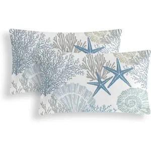Nautical Coastal Throw Pillow Covers 12x20 Inches Set of 2 Beach Themed Ocean Seashell Coral Starfish Velvet Couch Lumbar Pillow Cover For Bedroom, For Living Room, Blue