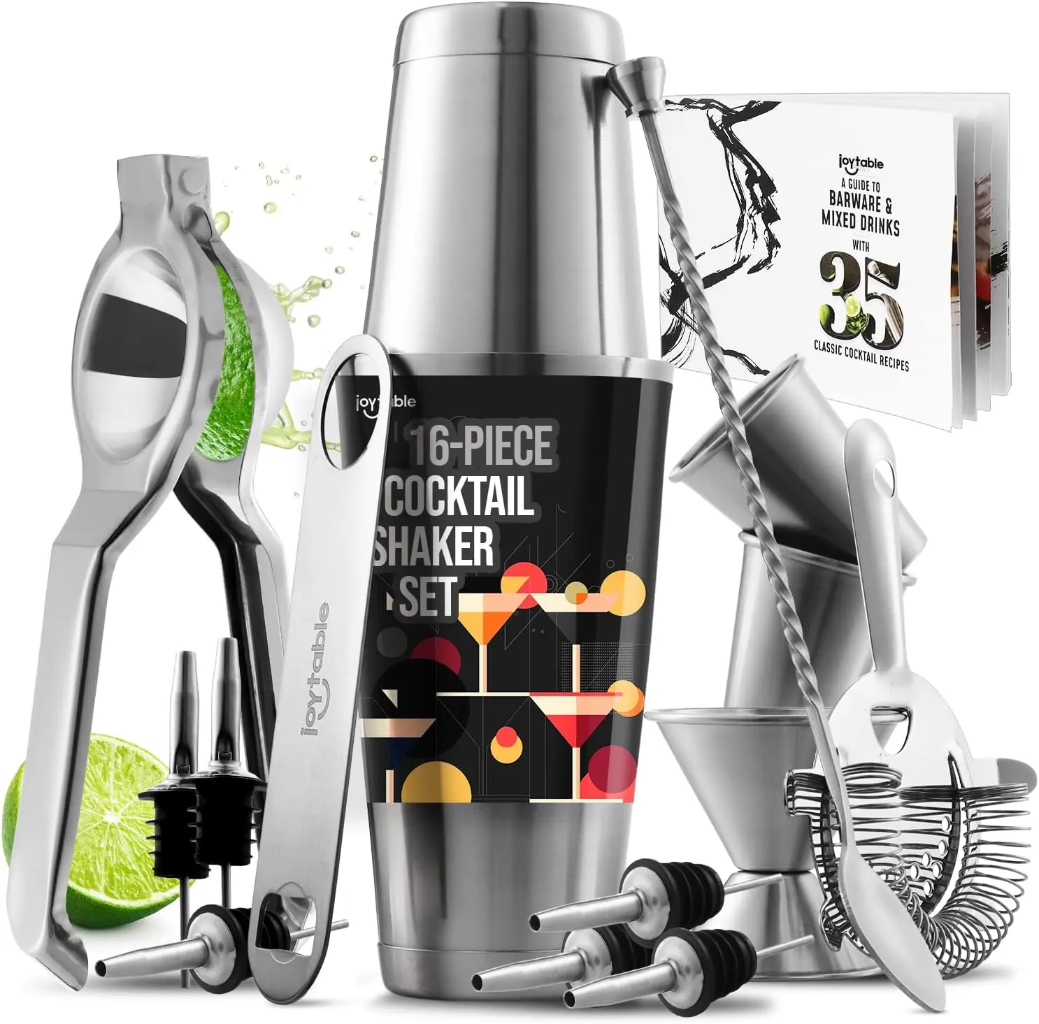 Joytable Bar Set Cocktail Shaker Set, Stainless Steel Mixology Bartender Kit, 16PC Silver Tools: 30Oz Martini Shaker, Muddler, Kit Book, Jigger and Pourers JOYTABLE