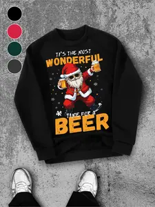 Unisex Ugly Christmas Sweater Party Essential, Santa Beer Print Round Neck Sweatshirt, Humorous Fitted Pullover for Holiday Gatherings