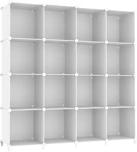 Cube Storage Organizer, 16 Cube Closet Organizer, Stackable Storage Cube Shelves, DIY Portable Closet Clothes Organizer Shelving for Bedroom, Closet, Wardrobe, Bathroom, White