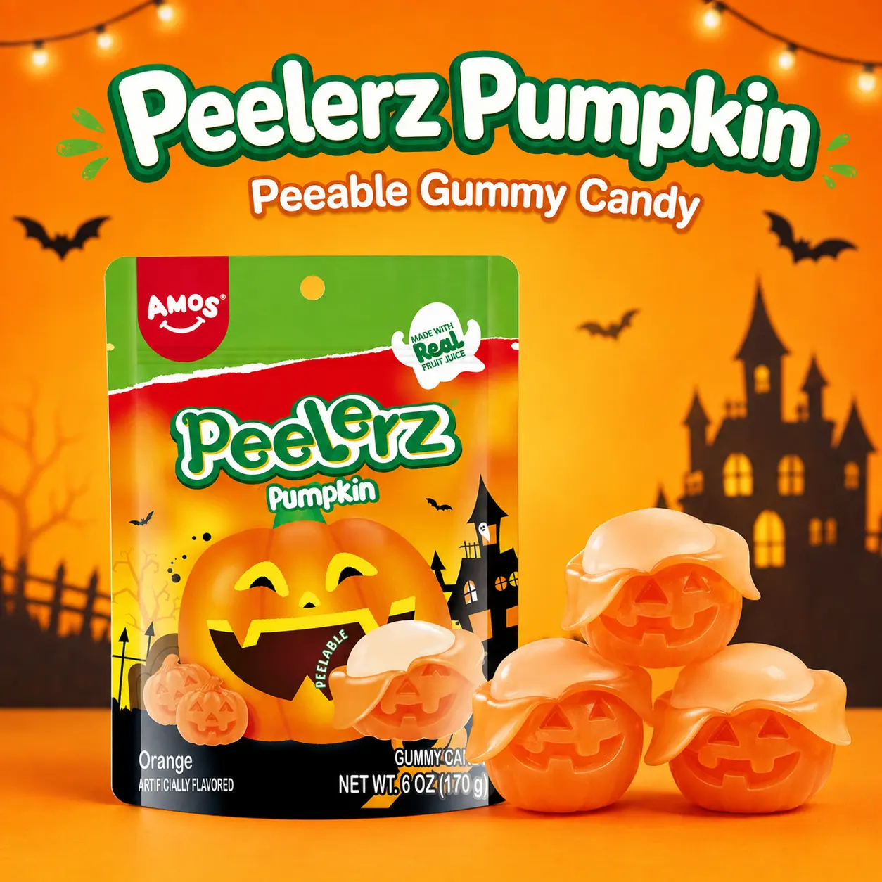 Amos Peelerz Gummy Pumpkins 6 oz Bag - Chewy Outer Layer & Orange-Creamsicle Flavor - Perfect for Halloween Party Favors & Trick-or-Treating  Peelable Fruit Flavored Gummy