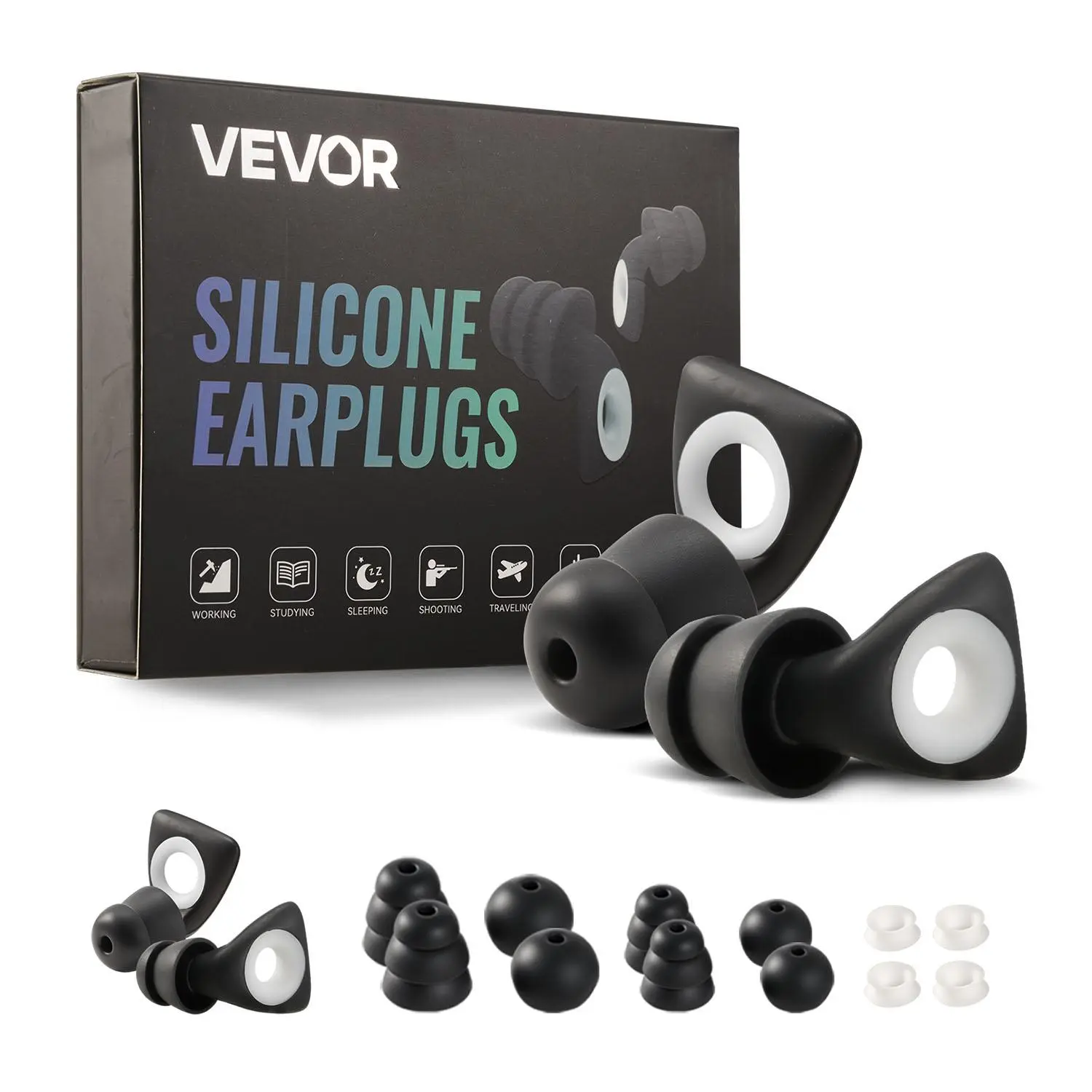 【summerfinds】VEVOR Ear Plugs for Sleeping Noise Cancelling, NRR 25 dB Reusable High Noise Reduction Earplugs, Flexible Silicone Soft Earplug with 12 Ear Tips in M / L, for Sleeping, Working, Studying & Traveling, Silicone Swimming Earplugs