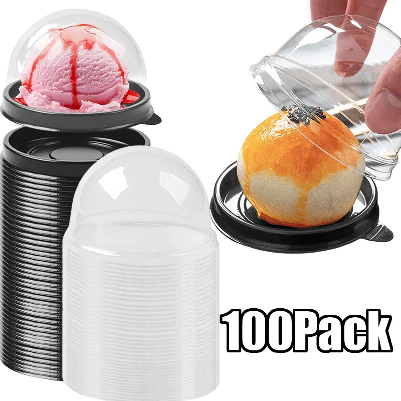 Pack of 100 Plastic Mini Cupcake Container, Mooncake Boxes Muffin Pod Dome Muffin Single Cupcake Holders Individual Cupcake Containers Plastic Disposable (Black)