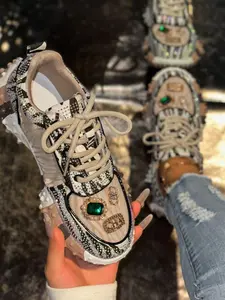 Women's Flat Casual Shoes with Crystal Decoration, Low Heel, Round Toe, PU Leather, All Seasons, Elegant Style, Less Than Ankle Height, Footwear