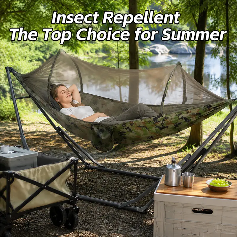 Upgraded Camping Hammock with Pop-Up Mosquito Net, Heavy Duty Tear-Resistant Nylon, Portable Outdoor Sleep System for Backpacking & Hiking (Stand Not Included, 102x55 in)