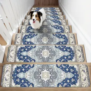 Non-Slip Stair Treads for Wooden Steps, 15PCS Boho Blue Carpet Stair Runners, Washable Stair Mats for Kids, Dogs, Elders, Indoor Stair Protectors with Adhesive, Vintage Floral Design