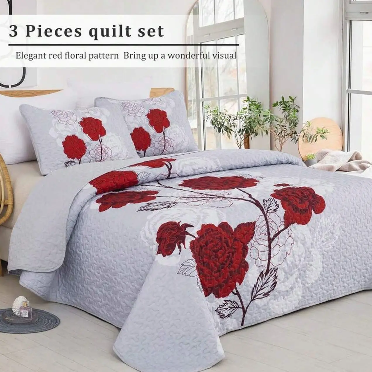Floral Quilt Set King Size, Red Rose Bedspread Bedding, Lightweight Microfiber Coverlet, All Season Bedroom Decor, 2 Pillowcases Included
