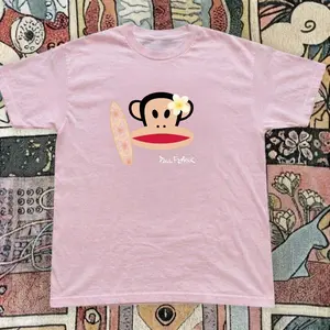 Pink Paul Frank Monkey Surfing Graphic Baby Tee – Y2K Vintage Cartoon Aesthetic Top