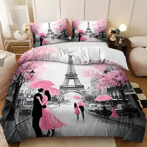 3-piece bedding set - 3PCS Paris Eiffel Tower cherry blossom street scene design down comforter set (1 comforter cover + 2 pillowcases, filling not included). A gift for family and friends, soft and comfortable, suitable for home bedrooms and guest rooms.