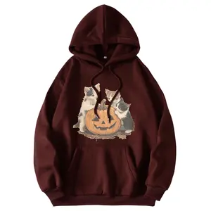 Holafish Halloween "The Little Cat and the Pumpkin" Pattern Oversized Trendy Queen Hoodies Fleece Sweatshirts Fall Fashion 2025 Pullover Sweaters Winter Clothes