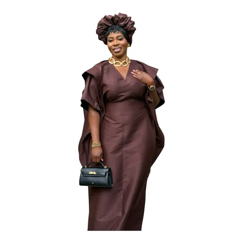 Rich Aunty Luxury Taffeta Bubu Boubou Kaftan Dress with Puff Sleeves V Neck  with Hair band Ready to Wear for Special Occasions