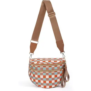 Checkered Crossbody Bag Nylon Bum Bags for Women Spacious Handbags Checkered Purse Fanny Packs with Shoulder Strap