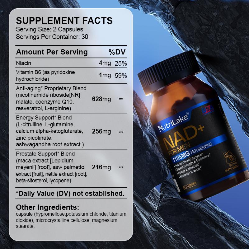NutriLake NAD+ Supplements for Men Detox,Energy Support-Liposomal Complex with Trans-Resveratrol,CoQ10,Ashwagandha,Niacin,Vitamin B6,Supports Cellular Renewal, Energy & Performance - 60 Capsules Dietary Supplement Vitamins