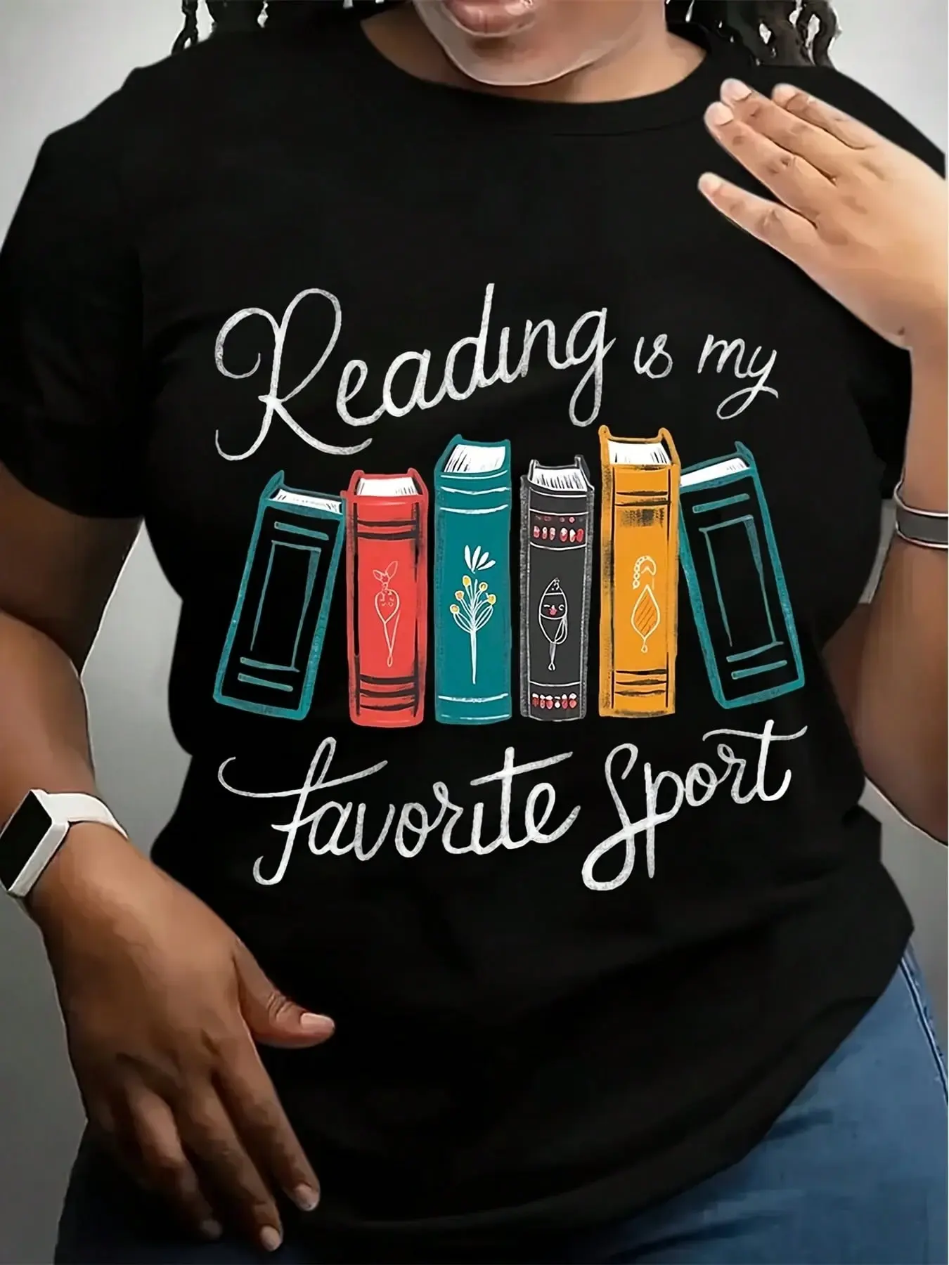 100% pure cotton Printed T-Shirt With Book Reading Pattern, Spring And Summer Round Neck Short Sleeved Women'S T-Shirt, Pure Breathable Casual Sports Top, Holiday Gift printed t-shirts for women