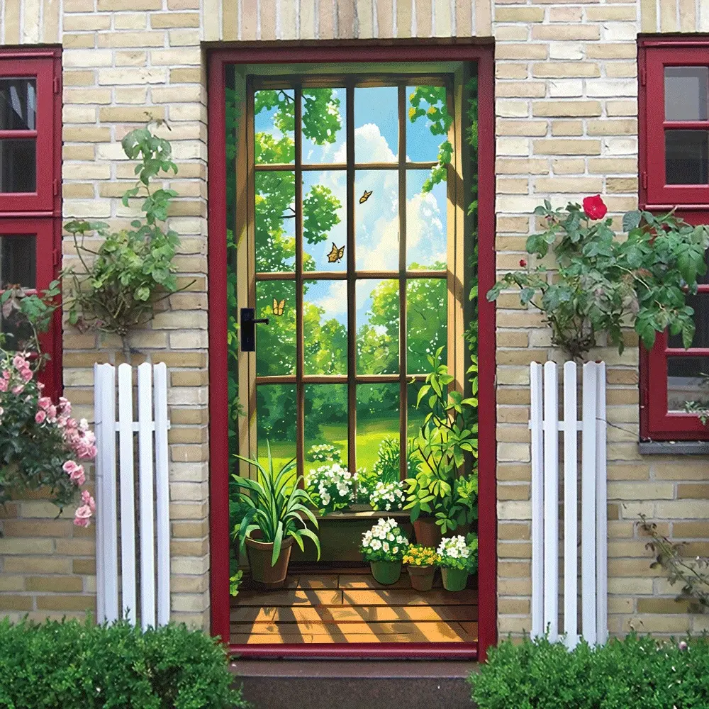 2pcs Fresh NaturalStyle Window Wall Sticker Living Room Bedroom Decorative Sticker Simulation Outside View Painting Self Adhesive Removable Green Plant Butterfly Home Background Wall Decoration