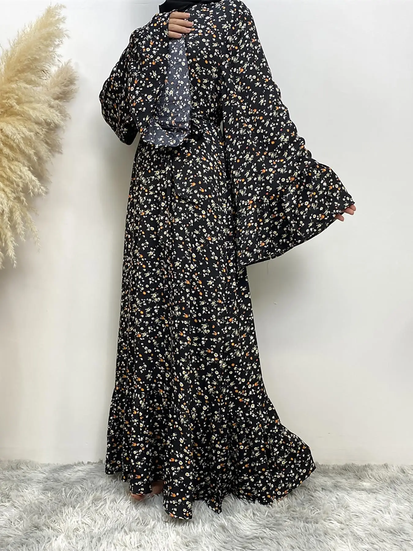 Women's All Over Print Belted Ruffle Hem Flounce Sleeve Dress, Modest Long Sleeve A Line Dress for Spring & Fall, Holiday Dresses, Women's Islamic Clo