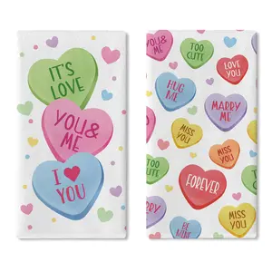 Valentines Day Kids Kitchen Dish Towels Set of 2, Colorful Cute Love Heart Romantic Quote Drying Hand Towel Baking Cooking Cloth, Anniversary School Classroom Bathroom Home Decoration 18''x26''