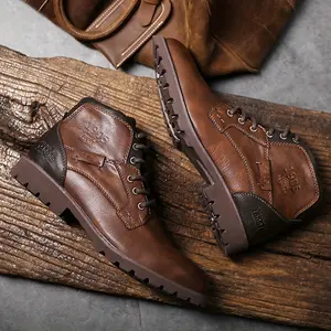 Men's Brown Leather Ankle Boots, Lace - Up & Side Zip Work Boots, Durable Lug Sole Outdoor Hiking Boots for Casual Daily Wear