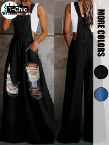 Women's Denim Ripped Folded Wide Leg Jumpsuit Overalls, Fashion Chic Casual Pocket Square Neck Workwear Jumpsuit, Daily Outdoor Wear, All Seasons, Womenswear