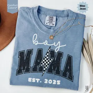 [ Sale Up To 65% ] Comfort Colors Boy Mom T shirt Custom Est Date Tee New Mama Lighting Bolt Shirt First Time Mom Mothers Day Gift Expecting Mom Baby Shower