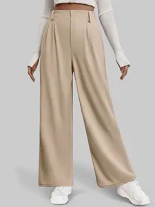 Women's High-Waisted Plaid Wide-Leg Basic Work Pants with Side Pockets, Comfortable Casual Fit, Abdomen-Flattering Design, Home Wear
