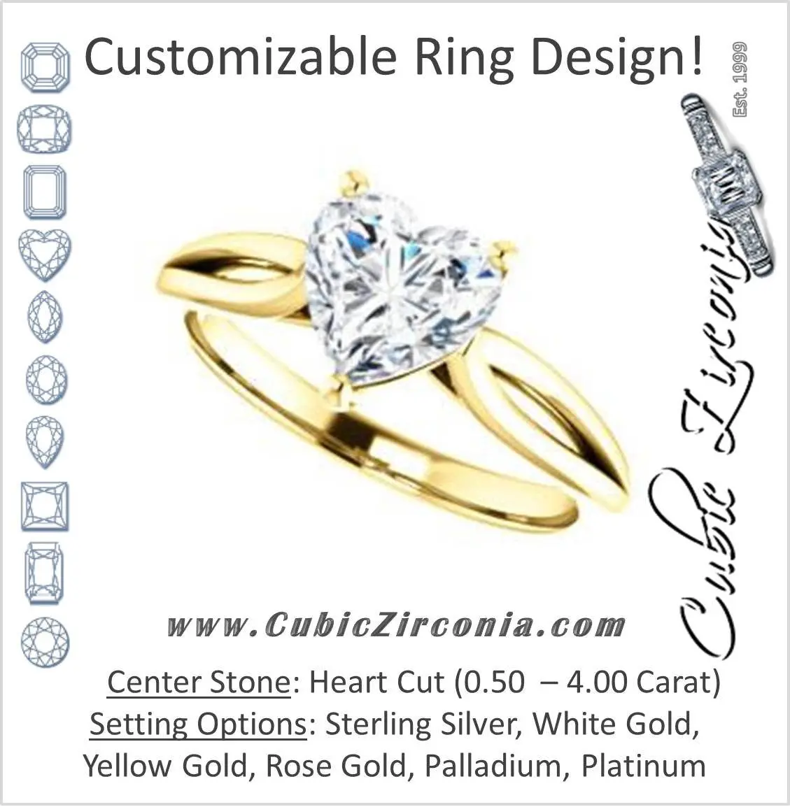 Cubic Zirconia Engagement Ring- The Viola (Customizable Heart Cut Solitaire with Curving Tapered Split Band)