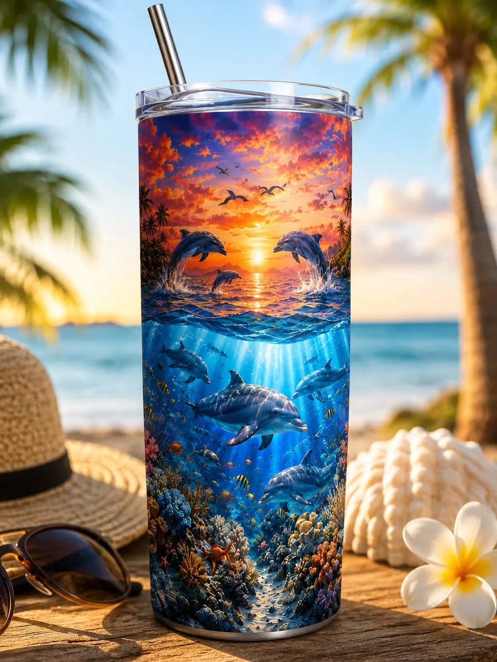 20oz Dolphin Sunset Stainless Steel Tumbler | Ocean Dolphin Beach Cup | Double Wall Vacuum Insulated | Lid & Straw Included