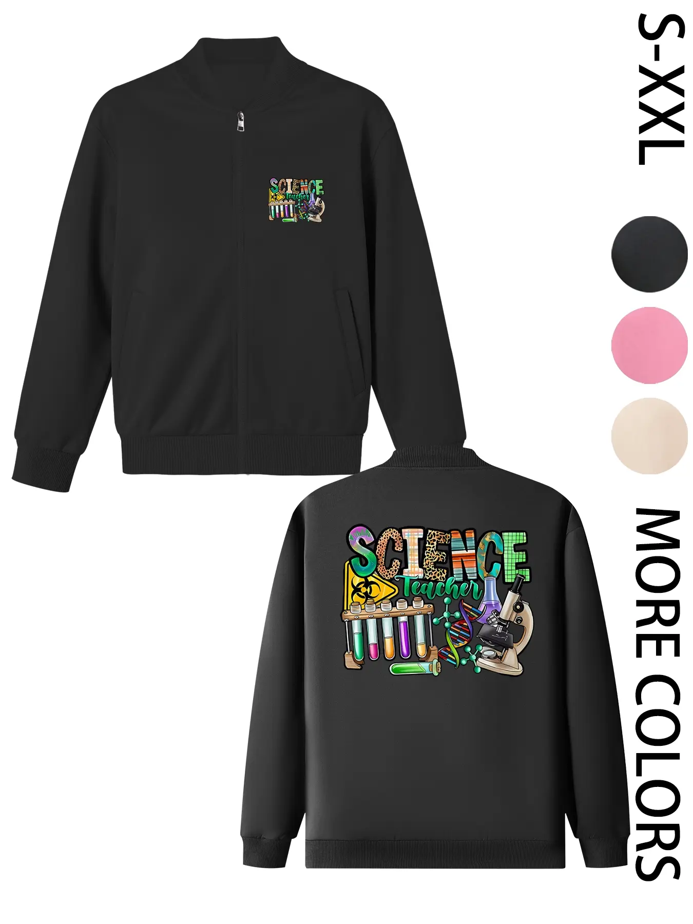 Women's American Street Style Hoodless Bomber Jacket with "SCIENCE" Print, Lightweight Zip-Up Jacket, American Street Style Print Design, Suitable for All Seasons, Casual & Street Style
