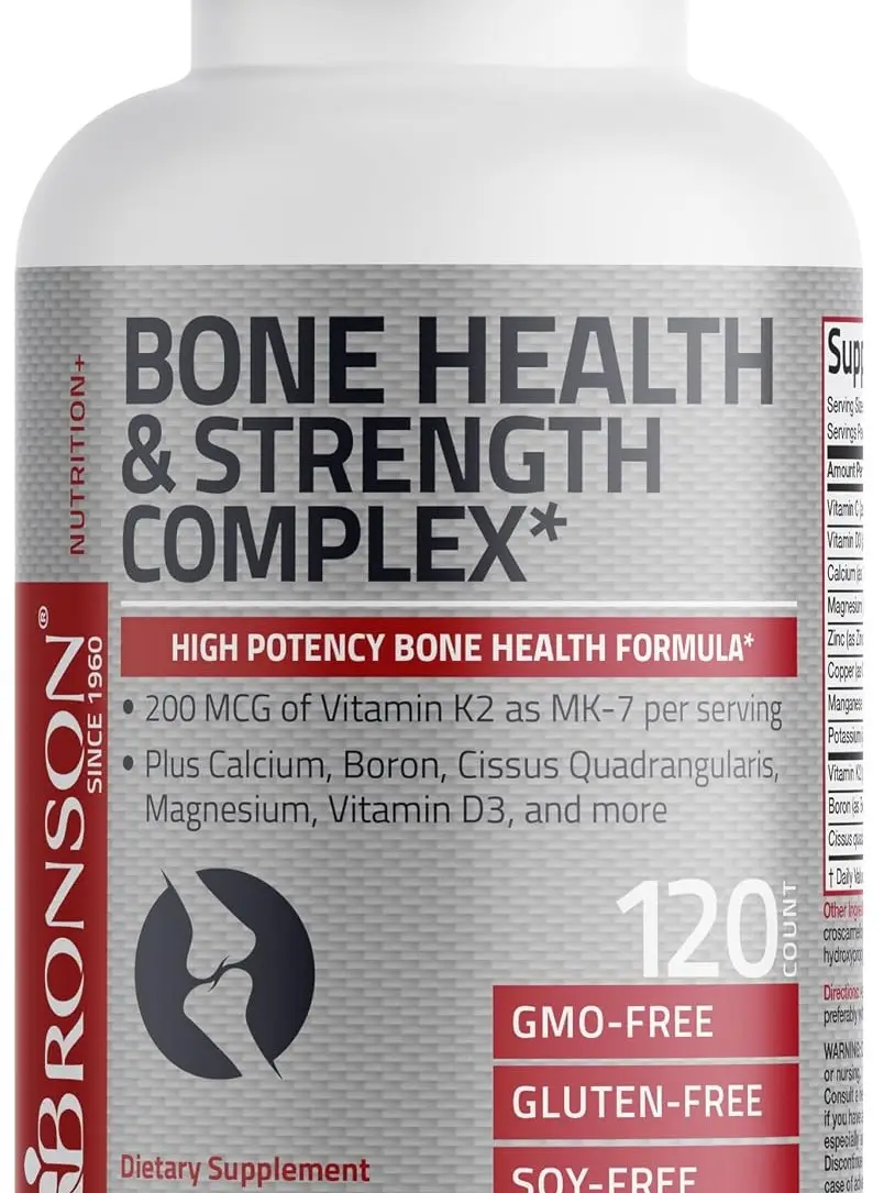 Bronson Bone Health & Strength Complex* High Potency Formula 200 MCG of Vitamin K2 as MK7, Plus Calcium, Boron, Cissus Quadrangularis, Magnesium, Vitamin D3, and More - Non-GMO, 120 Tablets