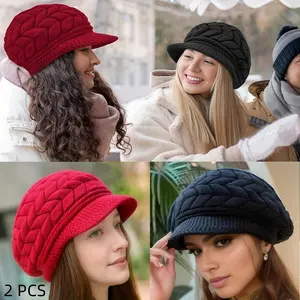 Set of 2 Warm Winter Knit Beanie Hat for Women - Toggle Closure,Fashionable Duckbill Style,Packable,Hand Wash Only,Suitable for Fall/Winter Season Halloween