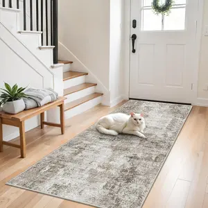 3x7 Washable Non-Slip Kitchen Runner Rug – Modern Abstract Neutral Beige & Gray Carpet for Hallway, Entryway, Bedroom, Laundry Room – Low-Pile Thin Wide Floor Runner with Rubber Backing