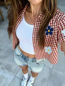 Women's Casual High Street Vintage Plaid Woven Short Sleeve Shirt, Stylish Ladies' Fashion Top, Perfect for Daily Wear